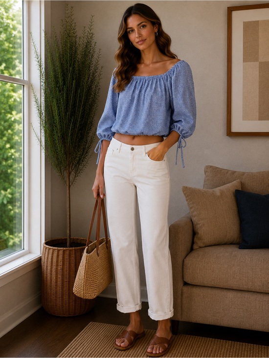 Zara Tops - Zara Gingham Checkered Blue White Off Shoulder Cropped Top Tie Sleeves size XS